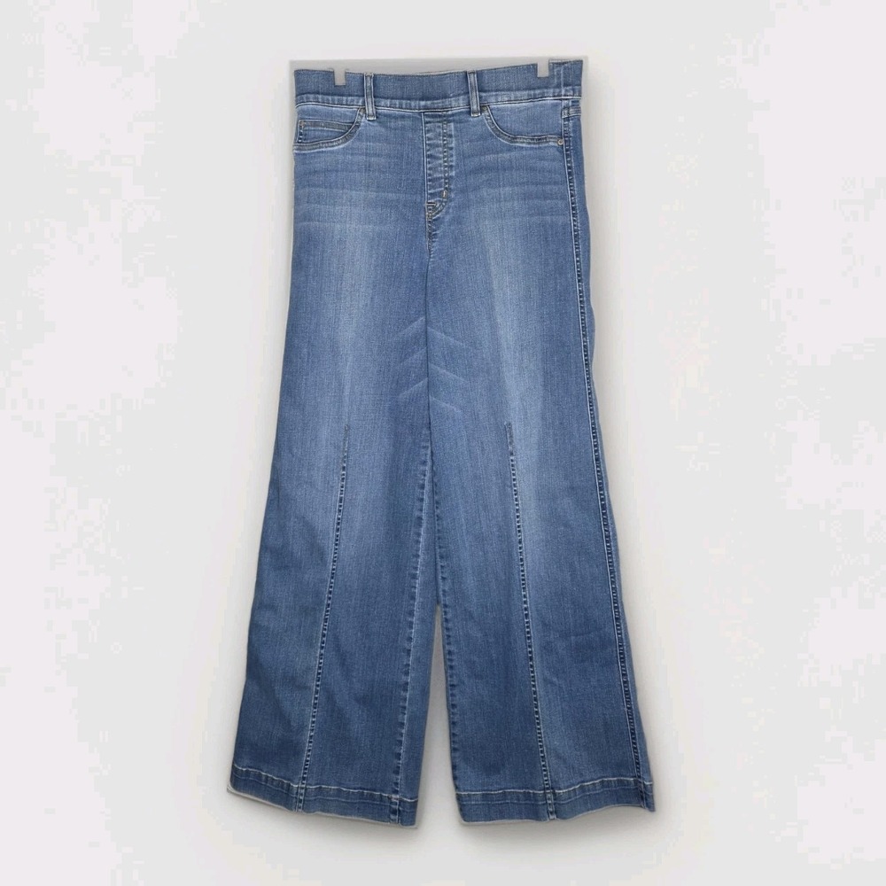SPANX Jeans Blue Seamed Wide Leg Indigo Sculpting Stretch High Rise Denim Blue